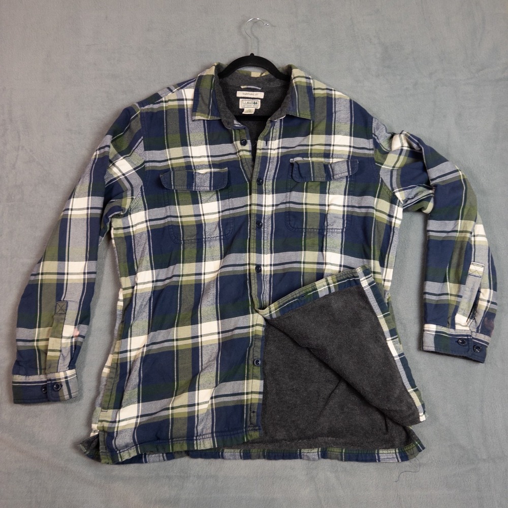 L.L. Bean Flannel Shirt Mens XL Blue Green Plaid Good Fleece Lined 298189